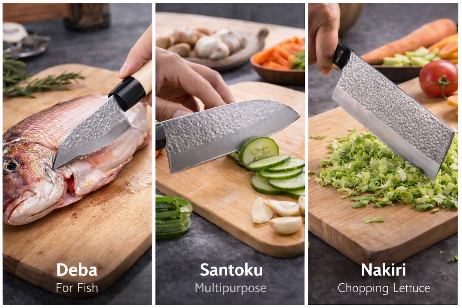 Traditional Hammered set of 3 - Santoku, Nakiri & Deba