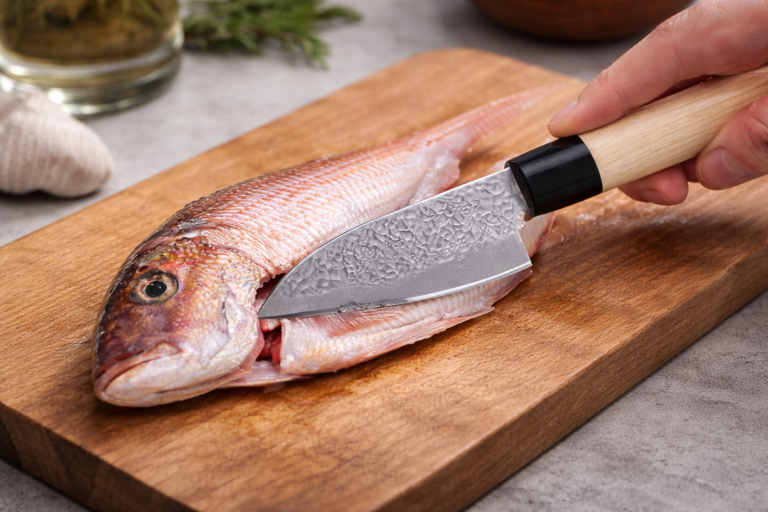 Traditional Hammered set of 3 - Santoku, Nakiri & Deba