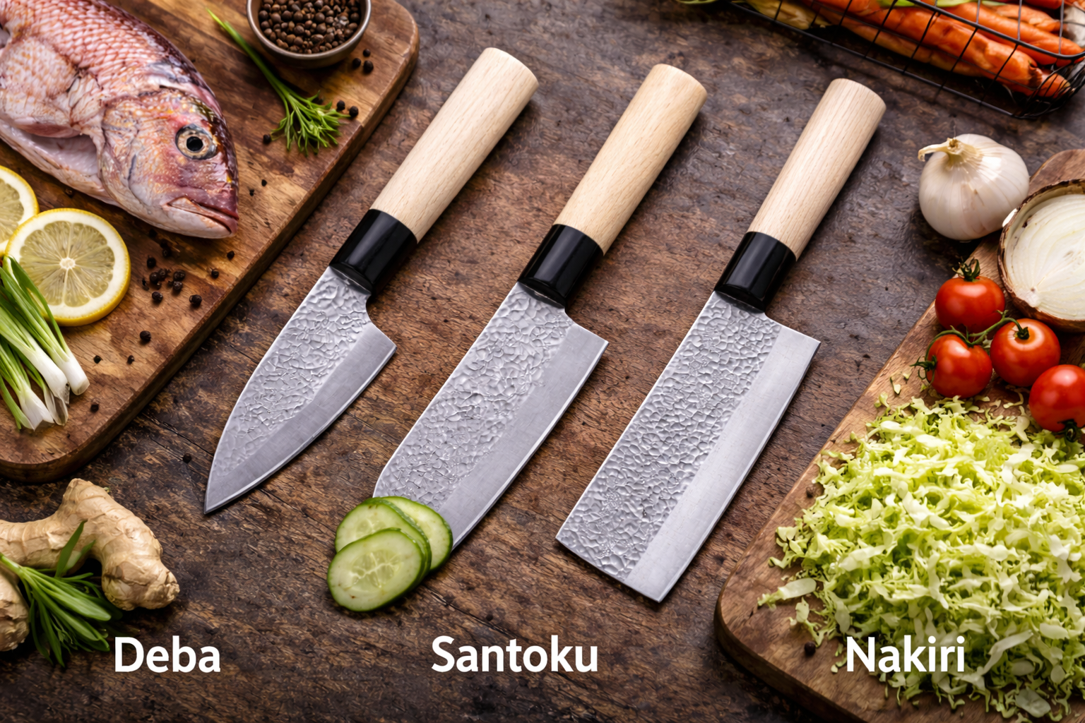 Traditional Hammered set of 3 - Santoku, Nakiri & Deba