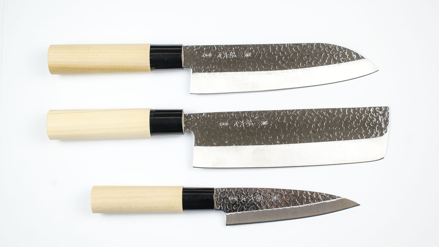 Traditional Hammered set of 3 - Santoku, Nakiri & Deba